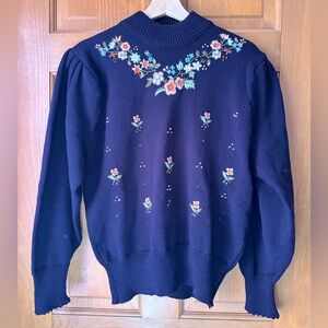 Vintage - Navy Blue Knit Turtle Neck Sweater with Embroidered Flowers - USL
